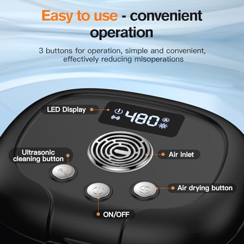 Ultrasonic Retainer Cleaner, Upgraded with LED Light and Air Drying Functionality, 46kHz High Power Professional Portable Retainer Cleaner Machine for Dentures, Retainer, Aligner, Braces, Mouth Guard