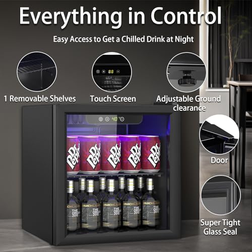 1.3 Cu.ft Beverage Refrigerator Cooler, 60 Can Mini Fridge with Glass Door, Digital Temperature Display for Soda, Beer or Wine For Office or Bar with Adjustable Removable Shelves