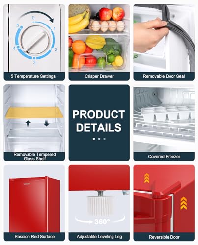 Upstreman 3.2 Cu.Ft Mini Fridge with Freezer, Single Door, Adjustable Thermostat, Refrigerator for Dorm, Office, Bedroom, Red-BR321