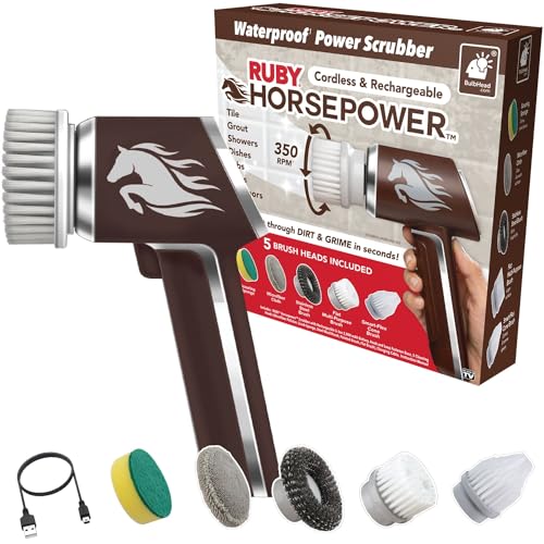 Horsepower Handheld Waterproof Power Scrubber, Spins, 350 RPM, 5 Brush Heads, AS-SEEN-ON-TV, Cleans Dirt & Grime from Tile, Grout, Bathrooms, Kitchen, Auto Rims, Outdoor Furniture & More,Rechargeable