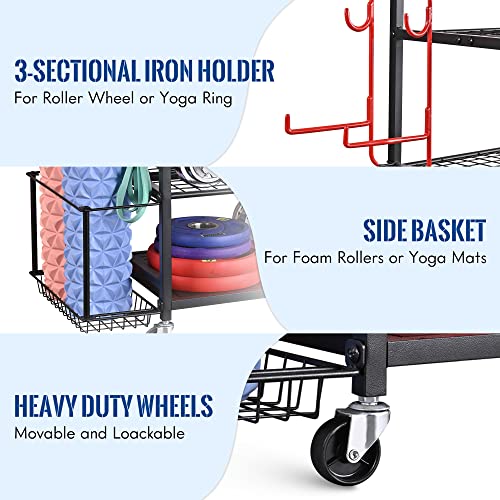 Mythinglogic Yoga Mat Storage Racks,Home Gym Storage Rack for Dumbbells Kettlebells Foam Roller, Yoga Strap and Resistance Bands, Workout Equipment Storage Organizer With Hooks and Wheels