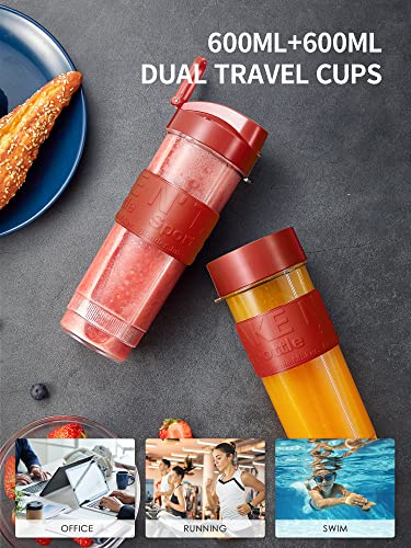 Personal Blender with 2 x 20oz Travel Bottle and Coffee/Spices Jar, Portable Smoothie Blender and Coffee Grinder in One, 500W Single Serve Blender for Shakes and Smoothies, BPA free, by Yabano (Red)