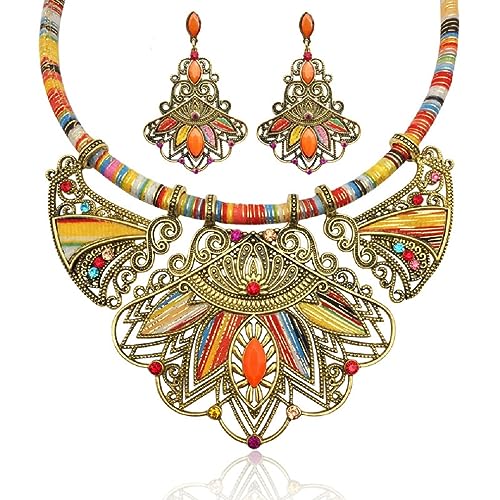YAZILIND Chunky Necklace Earrings Women's Bohemian Chain Tribal Jewelry Set Handmade Geometric Charm Bib Choker Necklaces