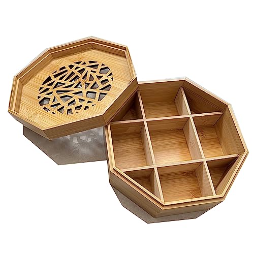Natural Bamboo Organizer with Vented Lid and Removable Partitions, Wooden Decorative Storage Box Multi-use Octagonal Home Decor Gift Teabag Organization Keepsake Trinket Kitchen Bathroom 8.5x8.5x3.7