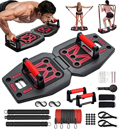 Home Gym Exercise Equipment - Portable Workout System 17 Fitness Accessories 9 in1 Push Up Board Set, Resistance Bands with Pilates Bar Strength Training Abs Shoulders Back Butt