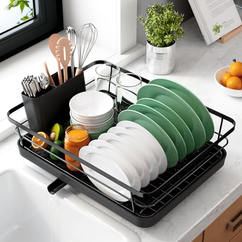 Kitsure Dish Drying Rack- Space-Saving Dish Rack, Dish Racks for Kitchen Counter, Stainless Steel Kitchen Drying Rack with a Cutlery Holder,12''W x 15''L, Black