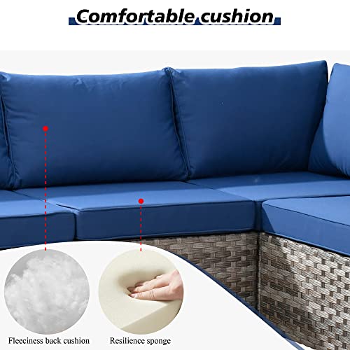 Outdoor Patio Sectional Furniture Sofa Set with Propane Fire Pit Table,13 Piece Large Modern Wicker Couch with Widened Armrest,Modular L Shaped Conversation Seating Set(Navy Blue)