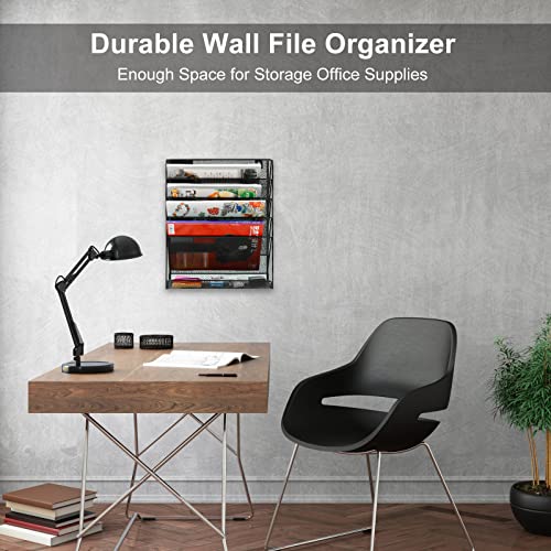 EasyPAG Wall File Organizer 5 Tier Vertical Hanging File Organizer Wall Mount File Holder Paper Folder Rack with Bottom Flat Tray for Office and Home,Black