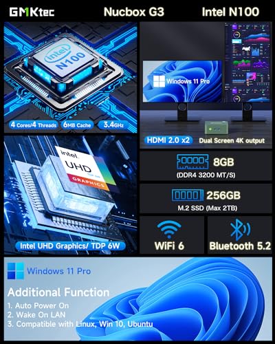 GMKtec Mini PC N100, G3 Intel Alder Lake N100 Preinstalled Windows 11 Pro (3.4GHz), 8GB DDR4 RAM 256GB PCIe M.2 SSD, Desktop Computer 4K Dual HDMI/USB3.2/WiFi 6/BT5.2/2.5G RJ45 for Office, Business