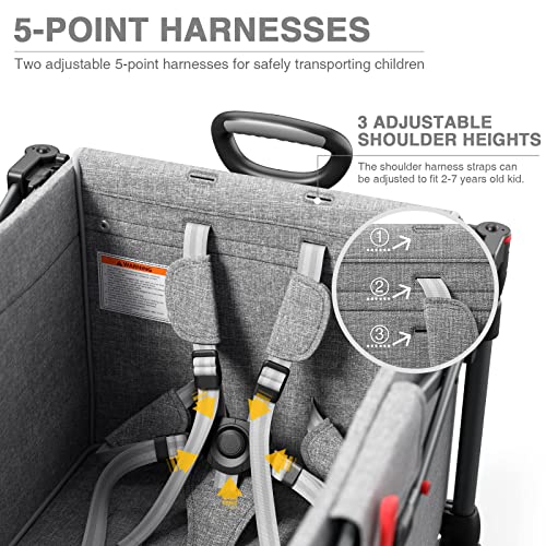 EVER ADVANCED Foldable Wagons for Two Kids & Cargo, Collapsible Folding Stroller with Adjustable Handle Bar,Removable Canopy with 5-Point Harness Gray