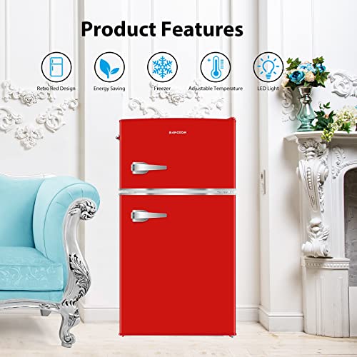 BANGSON Mini Fridge with Freezer, 3.2 CU.FT Small Refrigerator with Freezer, Door Handle, Bottle Opener, For Bedroom, Dorm, Office, Home, Garage or RV, (Red)