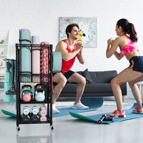 Home Gym Storage, 3 Tiers Workout Equipment Organizer with Wheels for Yoga Mats, Foam Roller, Dumbbells, Kettlebells, and Resistance Bands