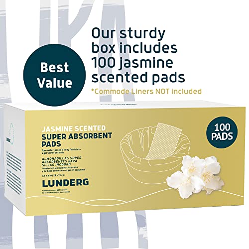Lunderg Jasmine Scented Super Absorbent Commode Pads - Medical Grade Value Pack 100 Count - for Bedside Commode Liners Disposable, Adult Commode Chair, Portable Toilet Bags - Light Scent