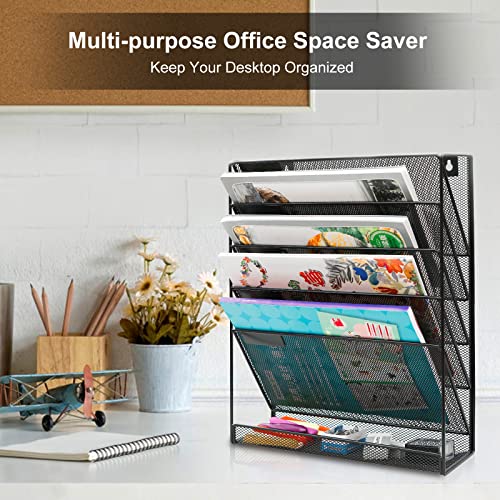 EasyPAG Wall File Organizer 5 Tier Vertical Hanging File Organizer Wall Mount File Holder Paper Folder Rack with Bottom Flat Tray for Office and Home,Black