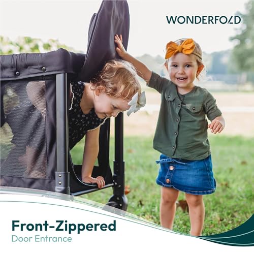 WONDERFOLD W2 Original Double Stroller Wagon Featuring 2 High Seats with 5-Point Harnesses, Easy-Access Front Zipper Door, and Removable UV-Protection Canopy, Black