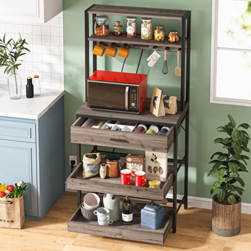 Tribesigns Bakers Rack with Power Outlets, 5-Tier Kitchen Storage Shelf, Microwave Oven Stand with Drawer, 65”H Coffee Bar Table, Kitchen Rack with Sliding Shelves and 6 Hooks, Grey