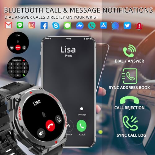 Military Smart Watch, 1.52-Inch Touch Screen Tactical Smartwatch with Text and Call, Heart Rate, Blood Oxygen, and Activity Trackers - Compatible with iPhone and Android, for Men and Women(Black)