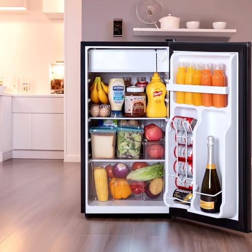 Small Refrigerator with Freezer, 3.2 Cu.Ft, Mini Fridge with Freezer, 7 Settings Temperature Adjustable, Single Door, Compact Refrigerator for Bedroom, Office, Dorm, Black