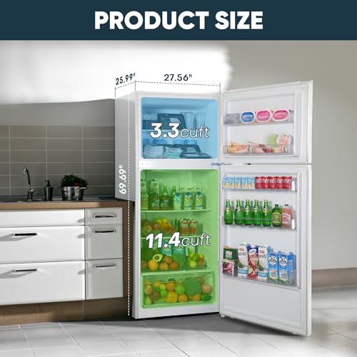 Upstreman 14.7 Cu.Ft. Double Door Fridge in White Steel with Large Capacity Top Freezer, Frost Free, Adjustable Thermostat Control, Fingerprint-resistant,Reversible Door Swing, ENERGY STAR