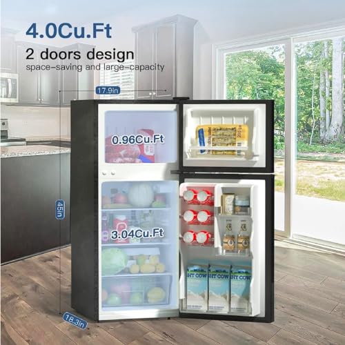 BANGSON Small Refrigerator with Freezer, 4.0 Cu.Ft, Samll Fridge with Freezer, 5 Settings Temperature Adjustable, 2 Doors, Compact Refrigerator for Apartment Bedroom Dorm and Office, Black