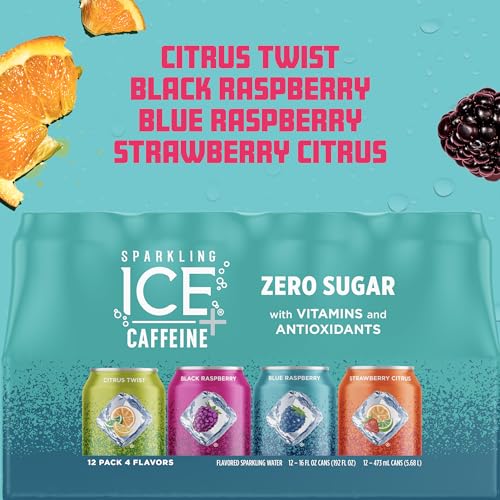 Sparkling Ice +Caffeine Variety Pack, Flavored Sparkling Water, Zero Sugar, with Vitamins and Antioxidants, 16 fl oz, 12 count (Citrus Twist, Black Raspberry, Blue Raspberry, Strawberry Citrus)