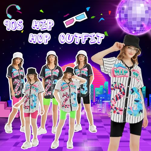 WILDPARTY 80s 90s Outfit for Women, Unisex Hip Hop Costume Baseball Jersey Shirt Yoga Pants Rapper Accessories