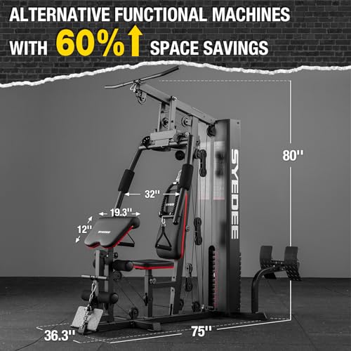 Home Gym Station, 150LB Weight Stack Multifunctional Home Gym Equipment for Full Body Strength Training Workout, LAT Pulldown Pulley System, Chest/Leg Exercise and Preacher Curl Fitness