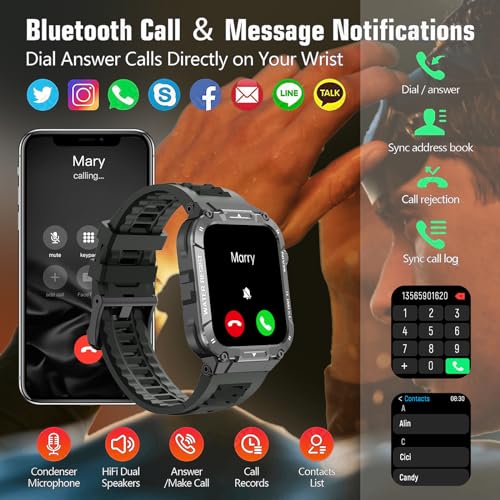 Military Smart Watch for Men 1.96 Inches Outdoor Sports Smartwatch with Answer/Make Call,Fitness Watch,Blood Oxygen,Heart Rate and Sleep Monitor Compatible with iPhone and Android Phones