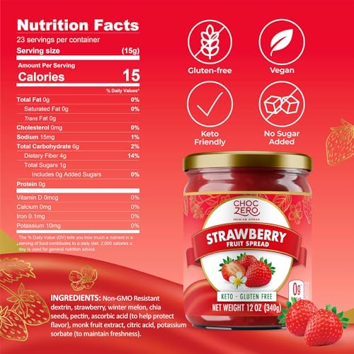 Keto Strawberry Jam, No Sugar Added - Monk Fruit Sweetened, Gluten Free Spread from ChocZero, 12 oz