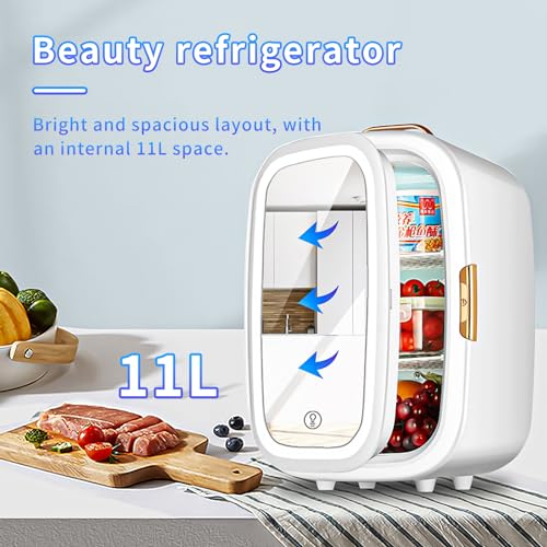11 Liter Skincare Fridge, Makeup Refrigerator with Dimmable LED Mirror Door, Personal Beauty Fridge with Cooler & Warmer for for All Cosmetics and Skincare Needs