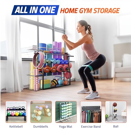 Yes4All Weight Rack for Home Gym 440lbs Capacity, Home Gym Storage Rack for Dumbbells, Yoga Mat, and Balls Holder - All in One Workout Equipment Storage Organizer with Hooks This Is Living