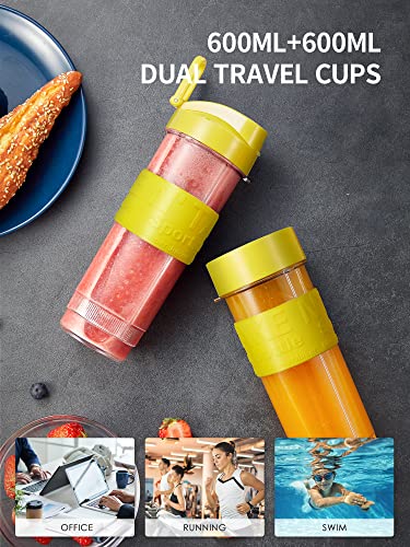 Personal Blender with 2 x 20oz Travel Bottle and Coffee/Spices Jar, Portable Smoothie Blender and Coffee Grinder in One, 500W Single Serve Blender for Shakes and Smoothies, BPA free(Yellow)