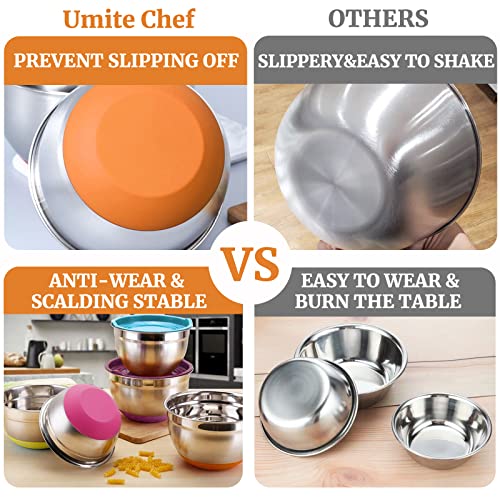 Umite Chef Mixing Bowls with Airtight Lids, 6 Piece Stainless Steel Metal Bowls, Measurement Marks & Colorful Non-Slip Bottoms Size 7, 3.5, 2.5, 2.0,1.5, 1QT, Great for Mixing & Serving