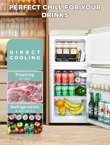 3.2Cu.Ft Compact Refrigerator Mini Fridge with Freezer, 2 Door Retro Small Refrigerator with Freezer, 7 Level Thermostat and Removable Shelves, Mini Fridge for Bedroom Office Apartment Dorm Bar