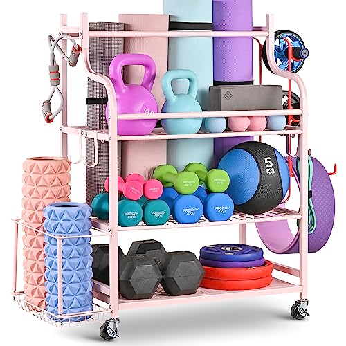 Mythinglogic Yoga Mat Storage Racks,Home Gym Storage Rack for Dumbbells Kettlebells Foam Roller, Yoga Strap and Resistance Bands, Workout Equipment Storage Organizer With Hooks and Wheels