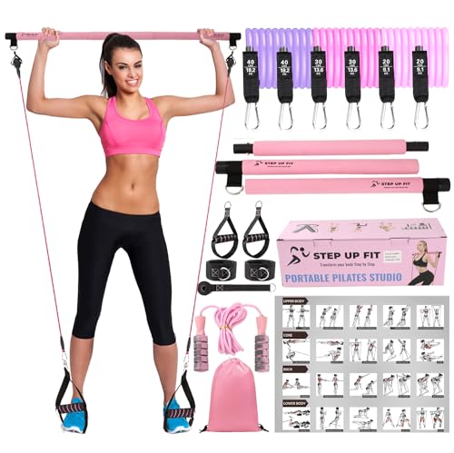 Multipurpose 3-Section Yoga Pilates Bar Set with Resistance Bands and Jump Rope | Travel-Friendly Home Gym Equipment for Men and Women of All Heights | Complete Body Fitness Workout Set