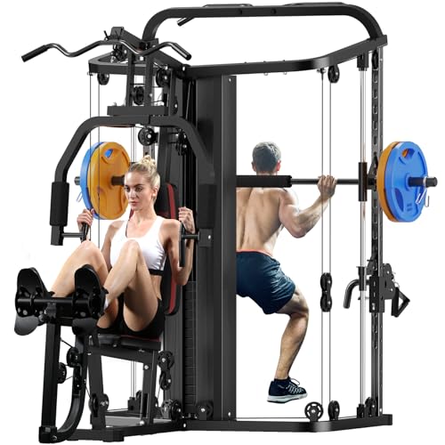 Multifunction Home Gym System Workout Station,Smith Machine with 138LB Weight Stack, Leg Press, LAT Station for Full Body Training (Home Gym Station)