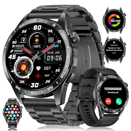 Smart Watch for Men (3 Straps) Answer/Make Calls,1.43'' AMOLED Always-on Display,110+ Sports Modes Fitness Watch with Sleep Monitor/SpO2/Heart Rate/Pedometer IP68 Waterproof Rugged Smartwatch Black