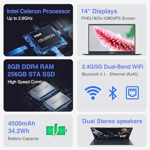 Laptop Computer, in-tel Celeron Processor, 8GB DDR4 RAM/256GB SSD, 14 Inch FHD 1920x1080 Display, Win-11 Thin & Portable Notebook PC, 2.4G/5G WiFi and Bluetooth 5.1