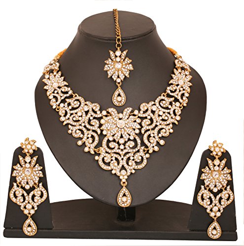 Touchstone Indian jewelry sets for women bollywood wedding bridal necklace desi earrings formal fancy rhinestone India designer jewellery punjabi tikka set in antique gold or silver or white tone