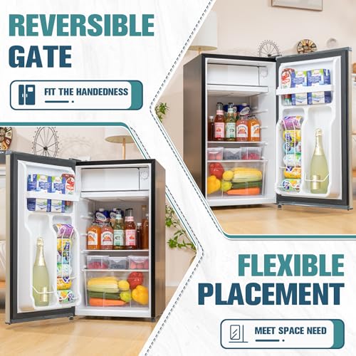 3.2 Cu. Ft Mini Fridge with Freezer for Bedroom, Dorm, Office, Compact Refrigerator with Adjustable Thermostat, Removable Glass Shelves and Reversible Door (Gold)