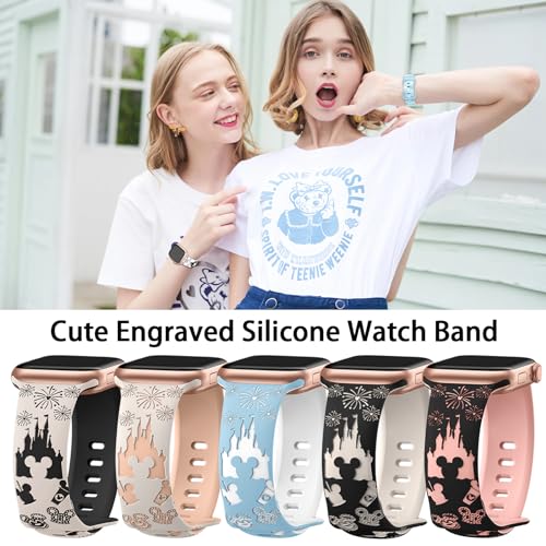 Cartoon Engraved Band Compatible with Apple Watch Bands 40mm 38mm 44mm 45mm 41mm 42mm 49mm Women, Two-Tone Cute Soft Silicone Sport Strap for iWatch Series 9/8/SE/7/6/5/4/3/2/1