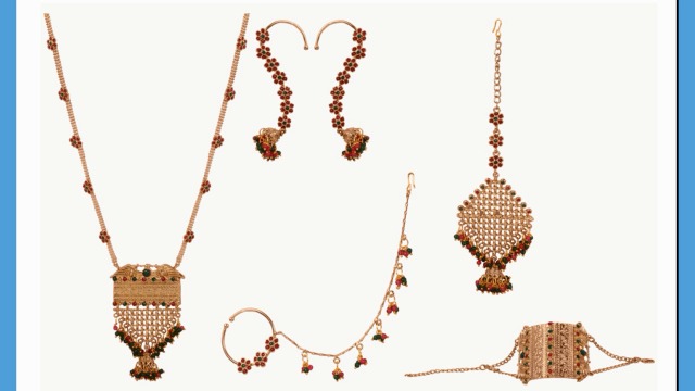 Touchstone Indian Bollywood White Rhinestone Blue Faux Sapphire deep red Faux Ruby and Faceted Glass Drops Ethnic Peacock Motif Bridal Designer Jewelry Necklace Set for Women in Antique Gold Tone