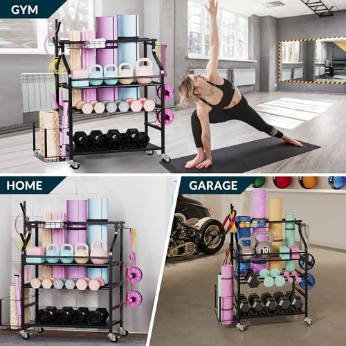 Dumbbells Rack,Weight Rack for Home Gym, Weight Stand,Home Gym Storage Rack for Yoga Mat, Foam Roller,Yoga Strap,Resistance Bands,Weight Organizer for Home Gym,Workout Storage with Wheels