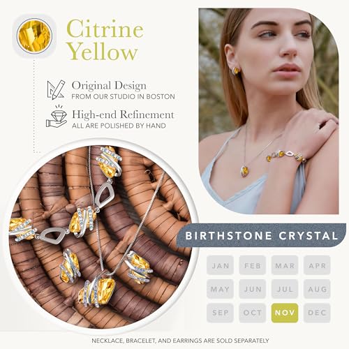 Leafael Wish Stone Necklace, Stud Earrings and Bracelet Jewelry Set for Women, November Birthstone Citrine Yellow Crystal Jewelry, Silver Tone Gifts for Women