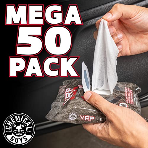 Chemical Guys PMWTVD10750 VRP Shine and Protectant Wipes Mega 50 Pack, For Vinyl, Rubber and Plastic Non-Greasy Dry-to-the-Touch Long Lasting Super Shine Dressing for Tires, Trim and More, (50 Ct)