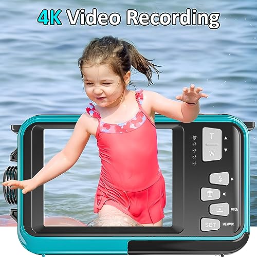 4K Underwater Camera 11FT Waterproof Camera with 32GB Card 48MP Autofocus Dual-Screen Selfie Underwater Camera for Snorkeling Waterproof Compact Floatable Digital Camera 1250mAh Battery Type-C (Blue)