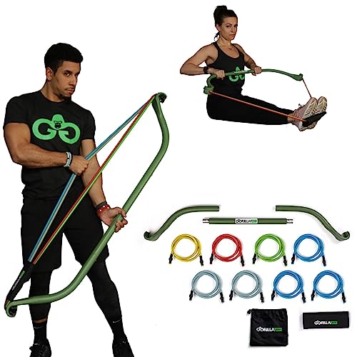 Travel Gorilla Bow Portable Home Gym Resistance Bands and Bar System for Fitness, Weightlifting and Exercise Kit, Full Body Workout Equipment Set