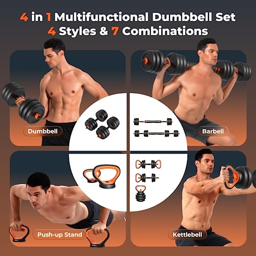 FEIERDUN Adjustable Dumbbells, 20/30/40/50/70/90lbs Free Weight Set with Connector, 4 in1 Dumbbells Set Used as Barbell, Kettlebells, Push up Stand, Fitness Exercises for Home Gym Suitable Men/Women