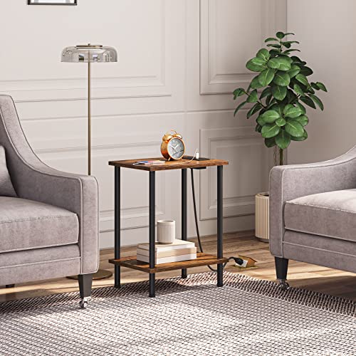 HOOBRO Side/End Table with Charging Station, USB Ports and Outlet, Nightstand with 2-Layer Storage Shelves for Small Spaces, Living Room, Bedroom, Stable Frame, Rustic Brown BF09UBZ01